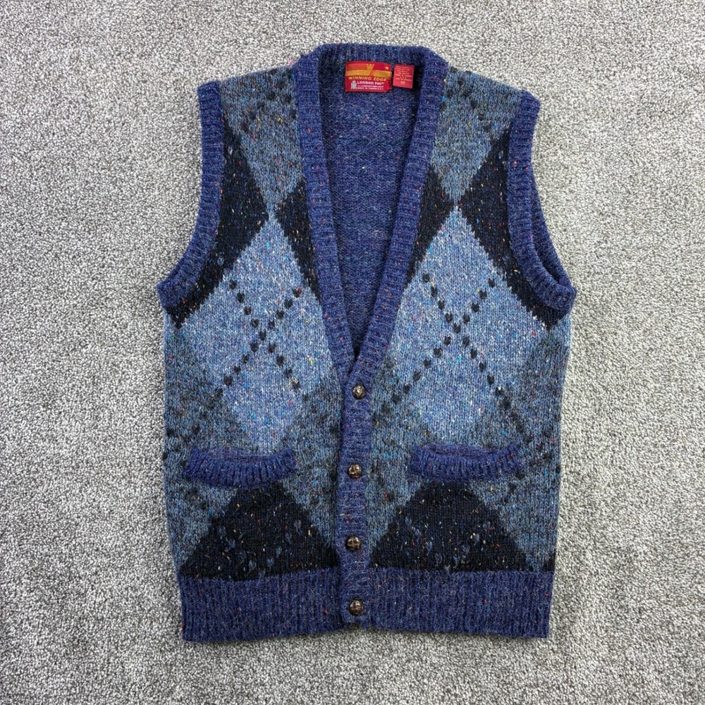 Vintage London Fog Sweater Vest Mens M Blue Argyle Knit Wool Blend Winning Edge